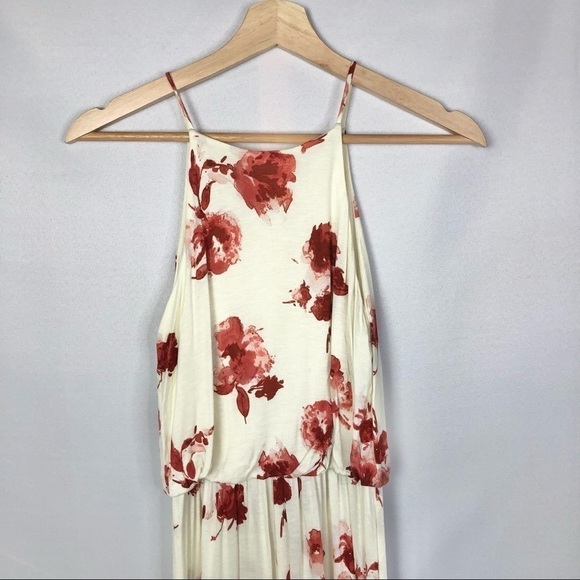 Lush Red Floral Ivory High Neck Long Maxi Dress With Side Slit S - Picture 5 of 6